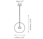 Clérachic pendant light dimension drawing, 1 of 9, every measurement marked in centimetres and inches.