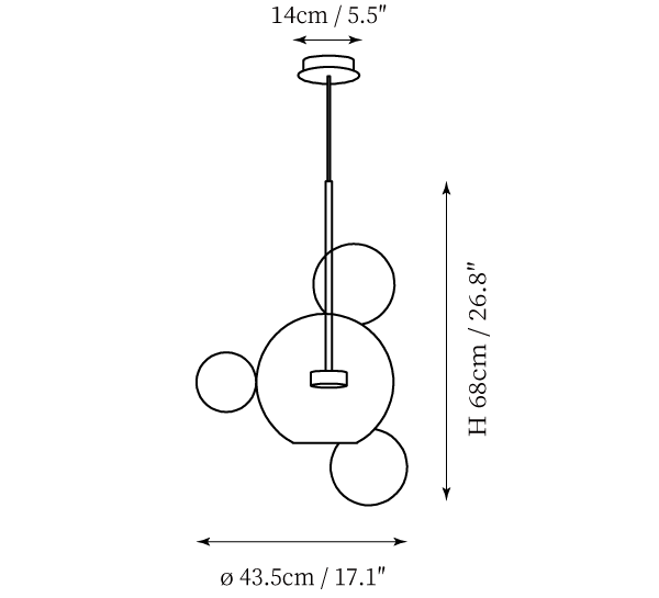 Clérachic pendant light dimension drawing, 2 of 9, every measurement marked in centimetres and inches.