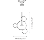 Clérachic pendant light dimension drawing, 2 of 9, every measurement marked in centimetres and inches.