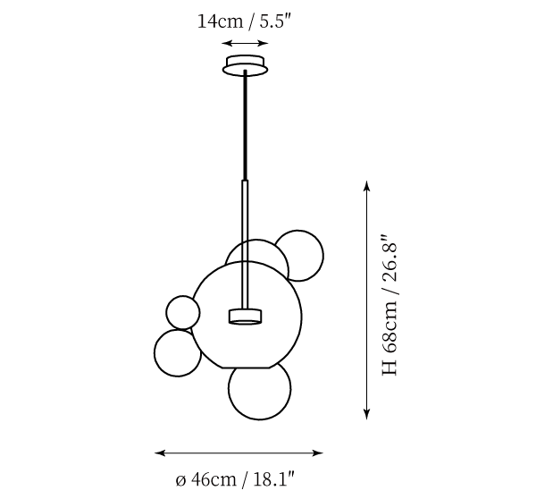 Clérachic pendant light dimension drawing, 3 of 9, every measurement marked in centimetres and inches.