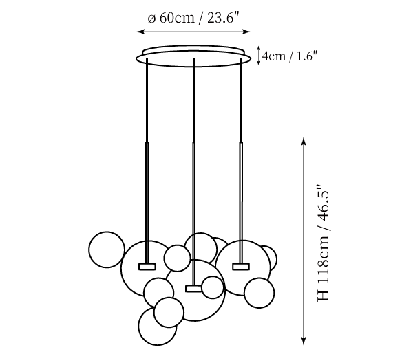Clérachic pendant light dimension drawing, 4 of 9, every measurement marked in centimetres and inches.