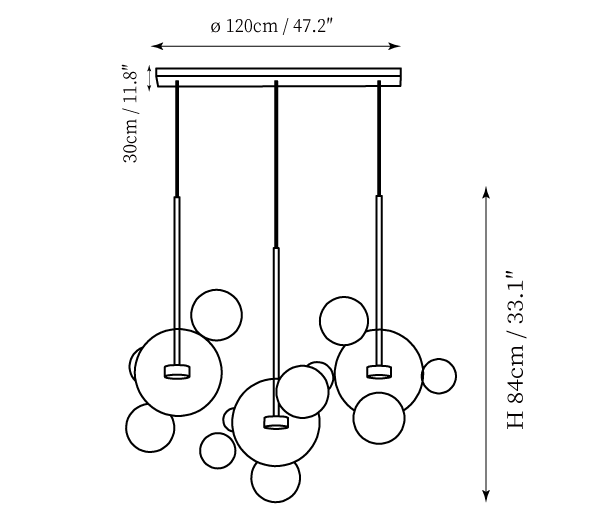 Clérachic pendant light dimension drawing, 5 of 9, every measurement marked in centimetres and inches.