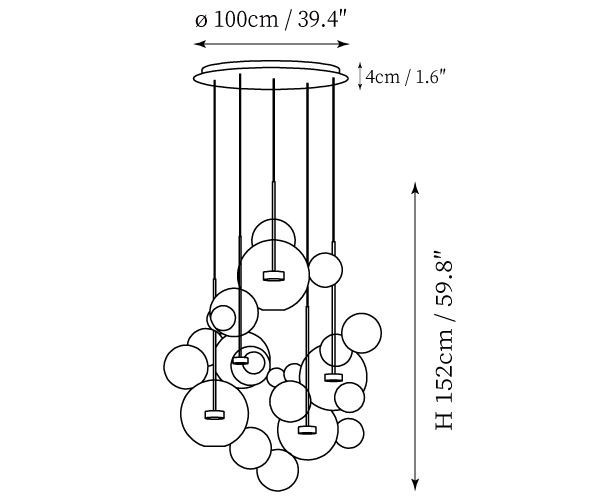 Clérachic pendant light dimension drawing, 6 of 9, every measurement marked in centimetres and inches.
