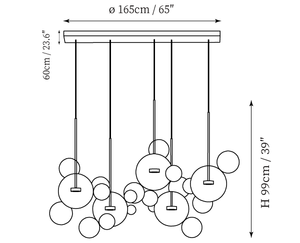 Clérachic pendant light dimension drawing, 7 of 9, every measurement marked in centimetres and inches.