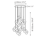 Clérachic pendant light dimension drawing, 8 of 9, every measurement marked in centimetres and inches.