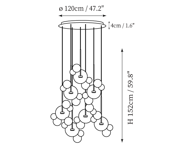 Clérachic pendant light dimension drawing, 8 of 9, every measurement marked in centimetres and inches.