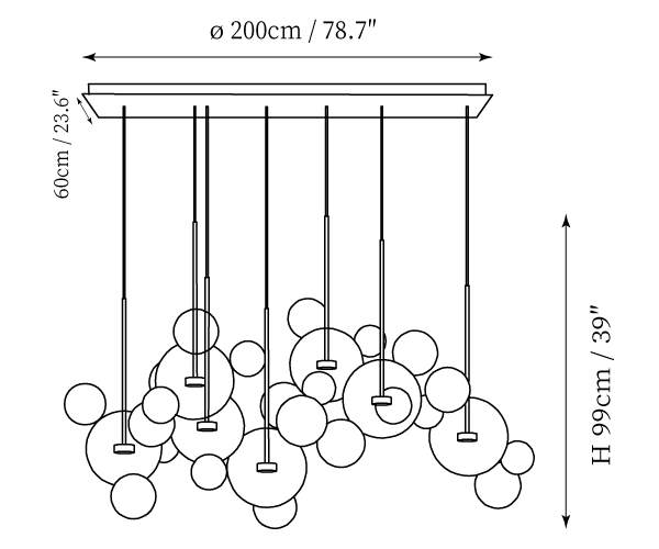 Clérachic pendant light dimension drawing, 9 of 9, every measurement marked in centimetres and inches.