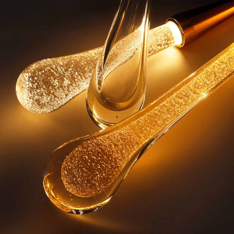 Clérachic close-up of lit teardrop glass drops glowing amber, with bubbles and gold flecks visible inside the glass.
