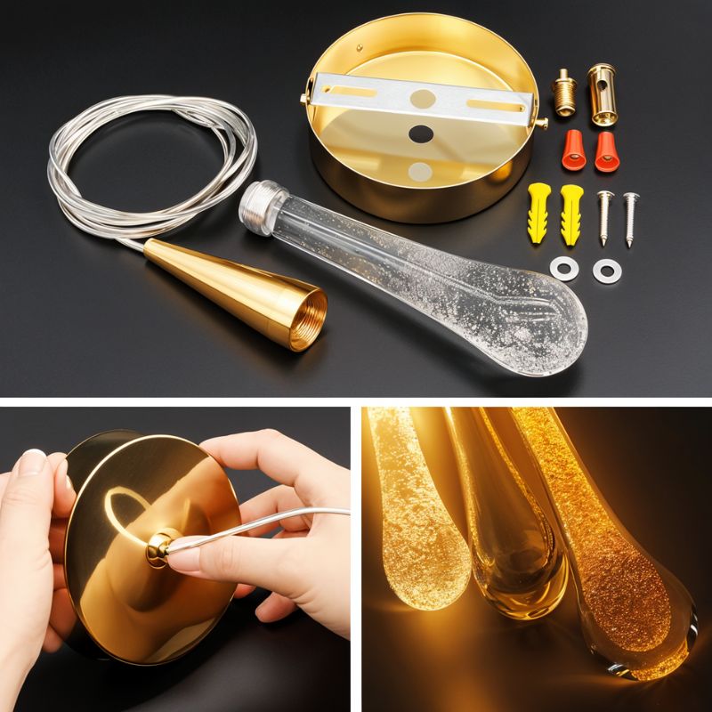 Clérachic parts flat-lay: brass canopy, bracket, cable, cone cap, glass drop and fixings, with a hand threading the cable.