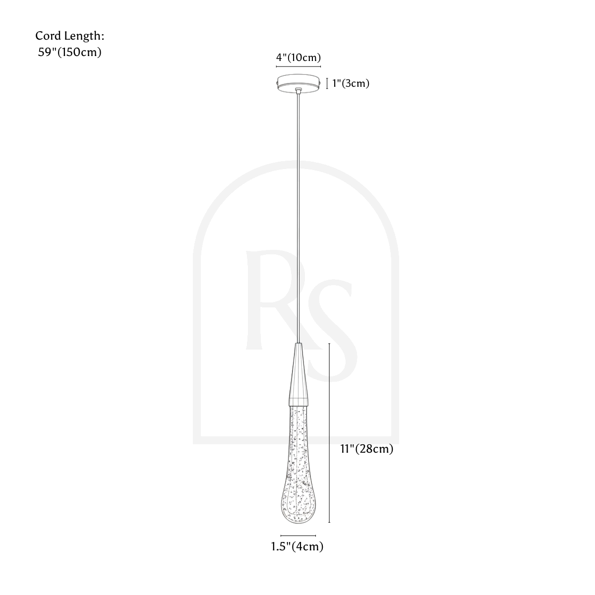 Clérachic pendant light dimension drawing, A, Round Base, 4 cm × 28 cm, every measurement marked in centimetres and inches.