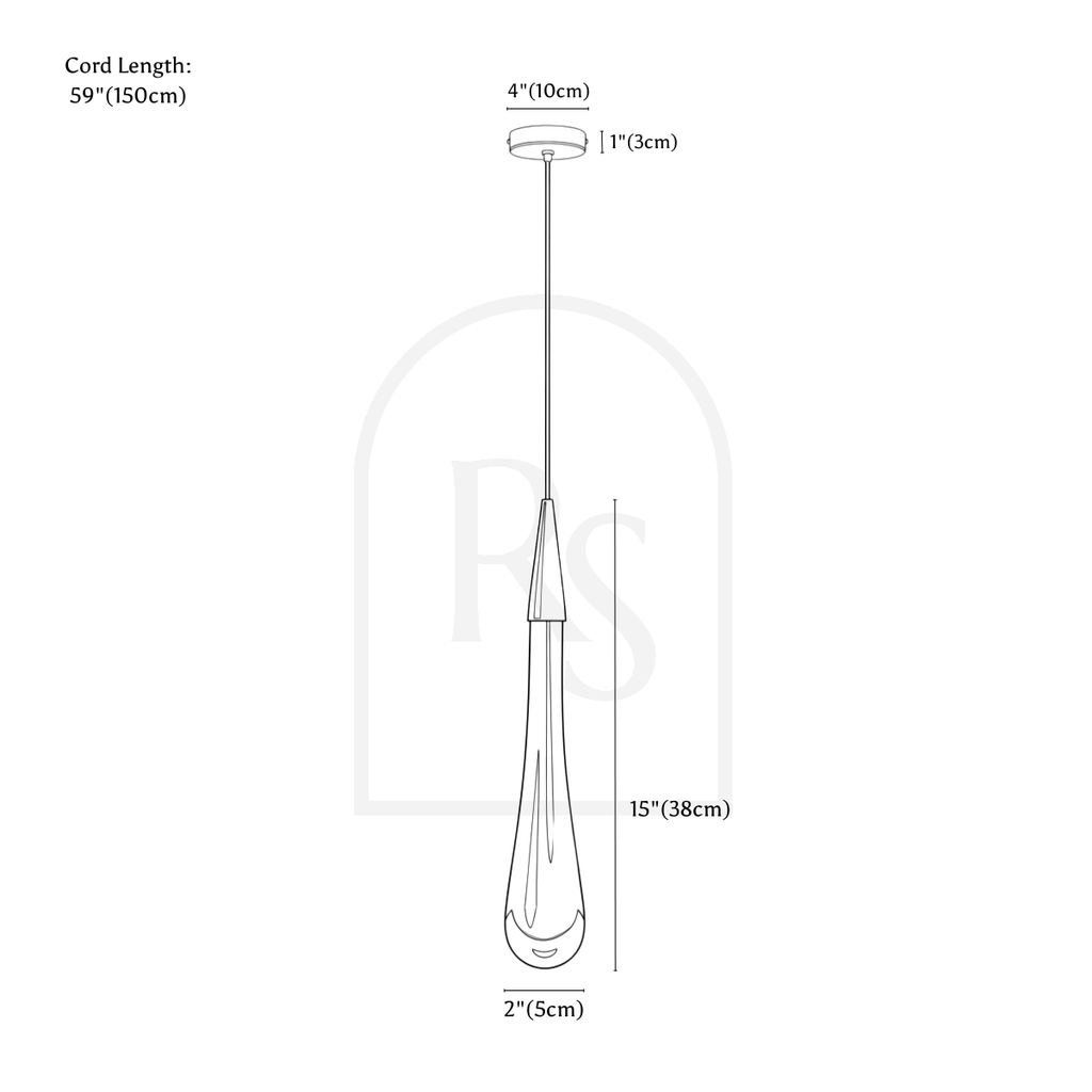Clérachic pendant light dimension drawing, B, Round Base, 5 cm × 38 cm, every measurement marked in centimetres and inches.