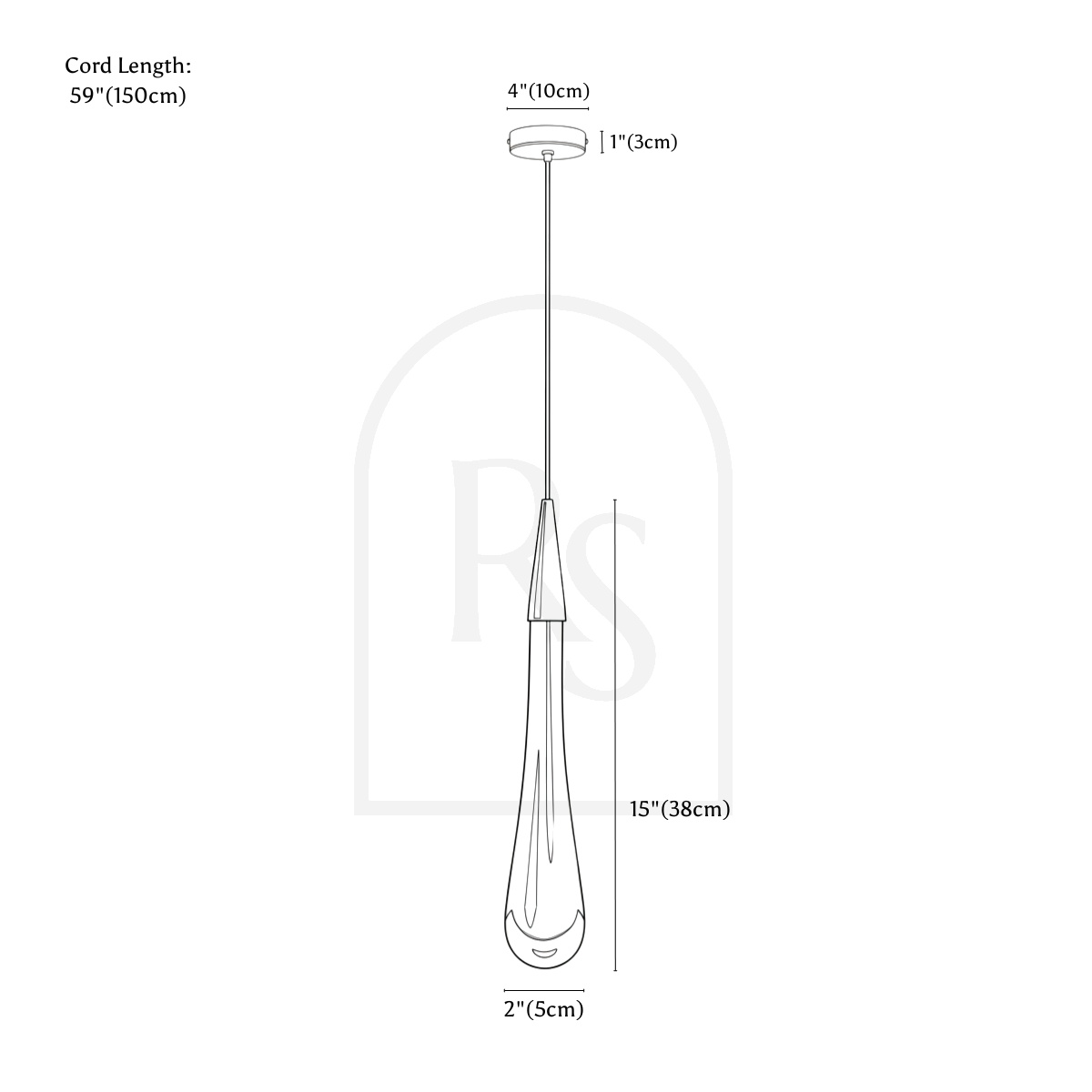 Clérachic pendant light dimension drawing, B, Round Base, 5 cm × 38 cm, every measurement marked in centimetres and inches.