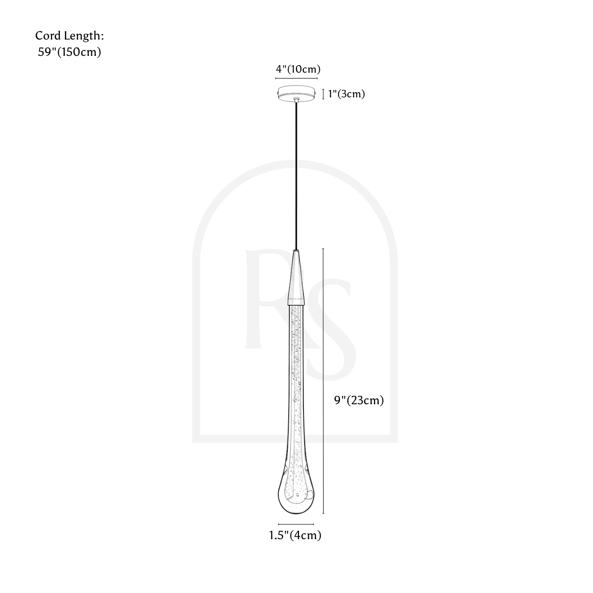 Clérachic pendant light dimension drawing, C, Round Base, 4 cm × 23 cm, every measurement marked in centimetres and inches.