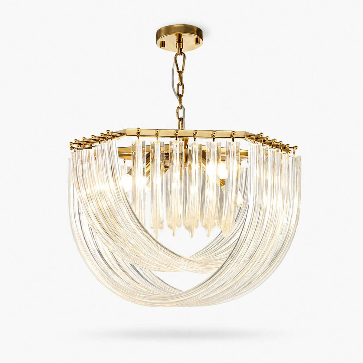Curved clear glass rods sweep down from a gold frame in a wide, shallow bowl, hung on a gold chain from a round canopy, shown on white for this Clérachic pendant.