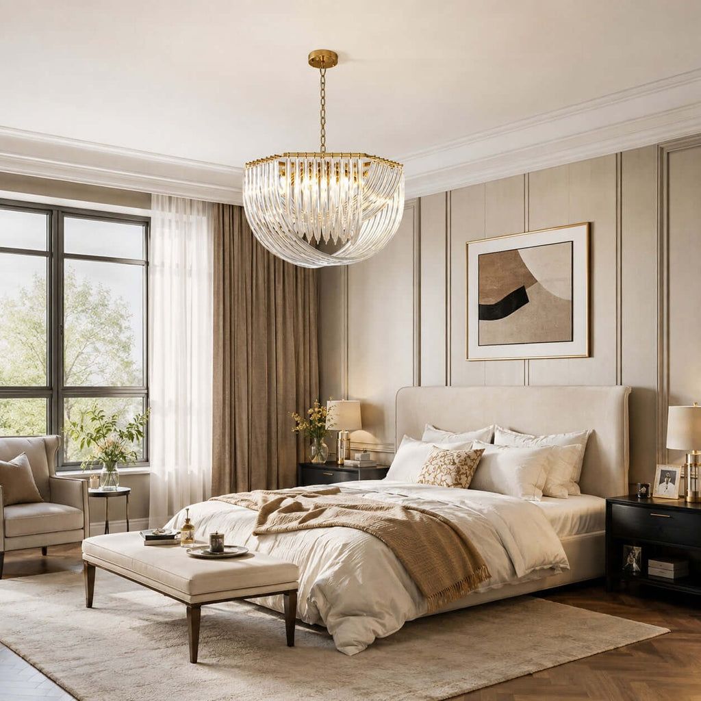 This Clérachic pendant hangs above a large bed with a cream bench at its foot, in a bedroom with tall windows and panelled walls.
