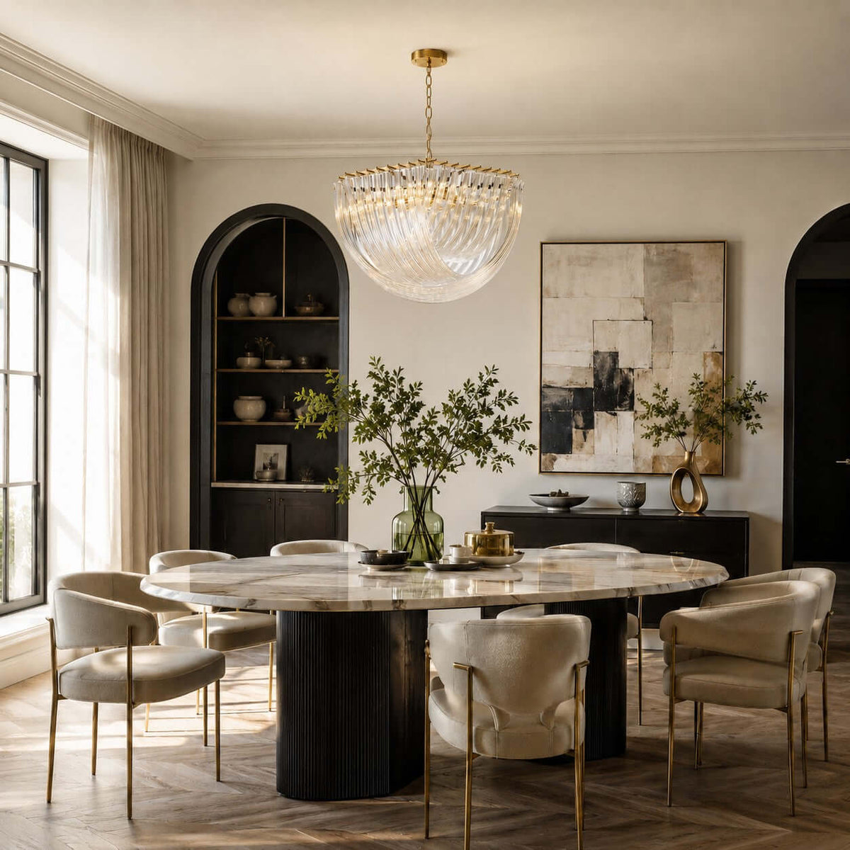 Curved glass rods catch the daylight in this Clérachic pendant, hung over a round marble dining table with cream chairs in an arched, panelled room.