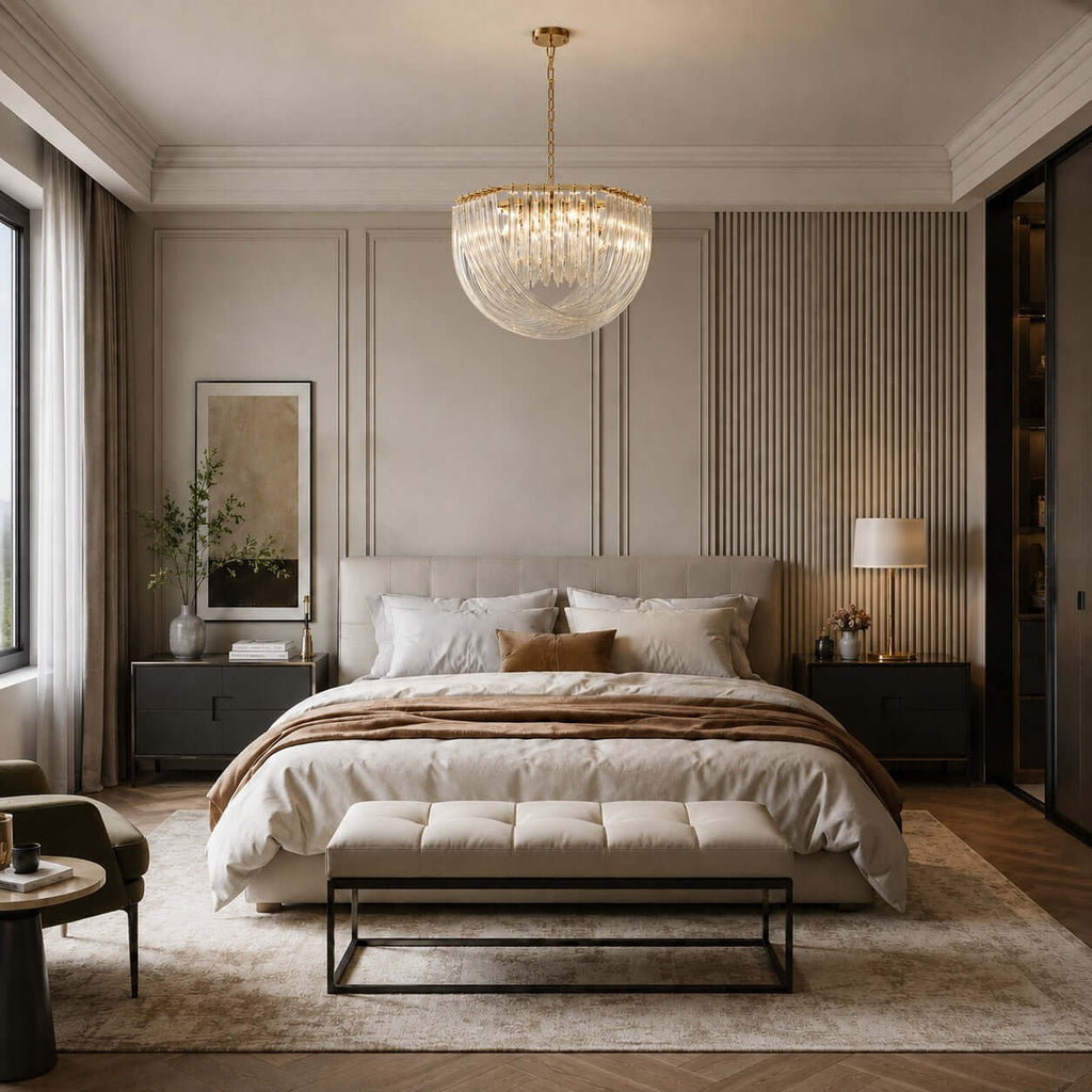 Lit glass rods on this Clérachic pendant hang above a bed with a tufted bench, a fluted wall panel and a bedside lamp in the background.