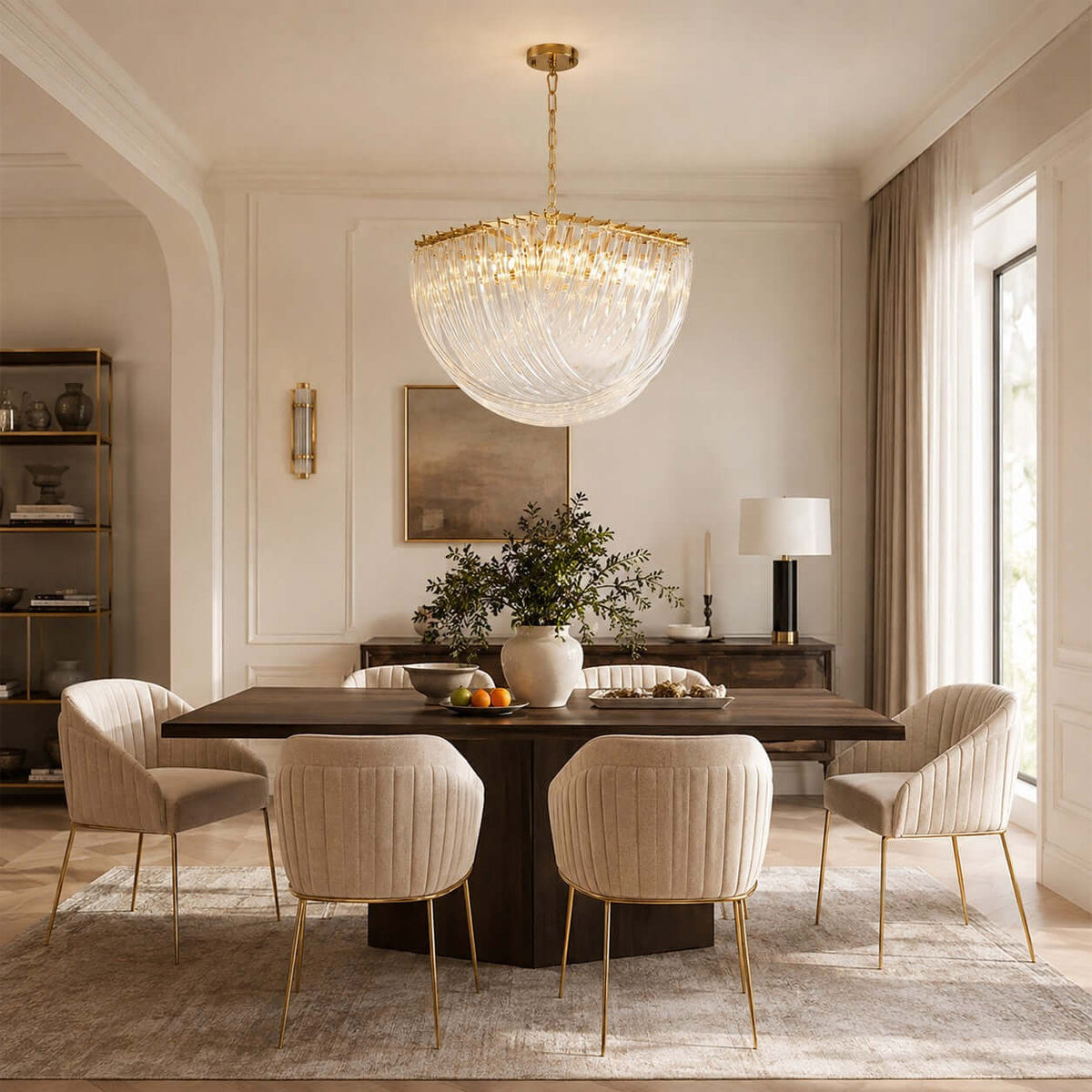 This Clérachic pendant hangs low over a dark rectangular dining table with ribbed cream chairs, in a room with arched doorways.
