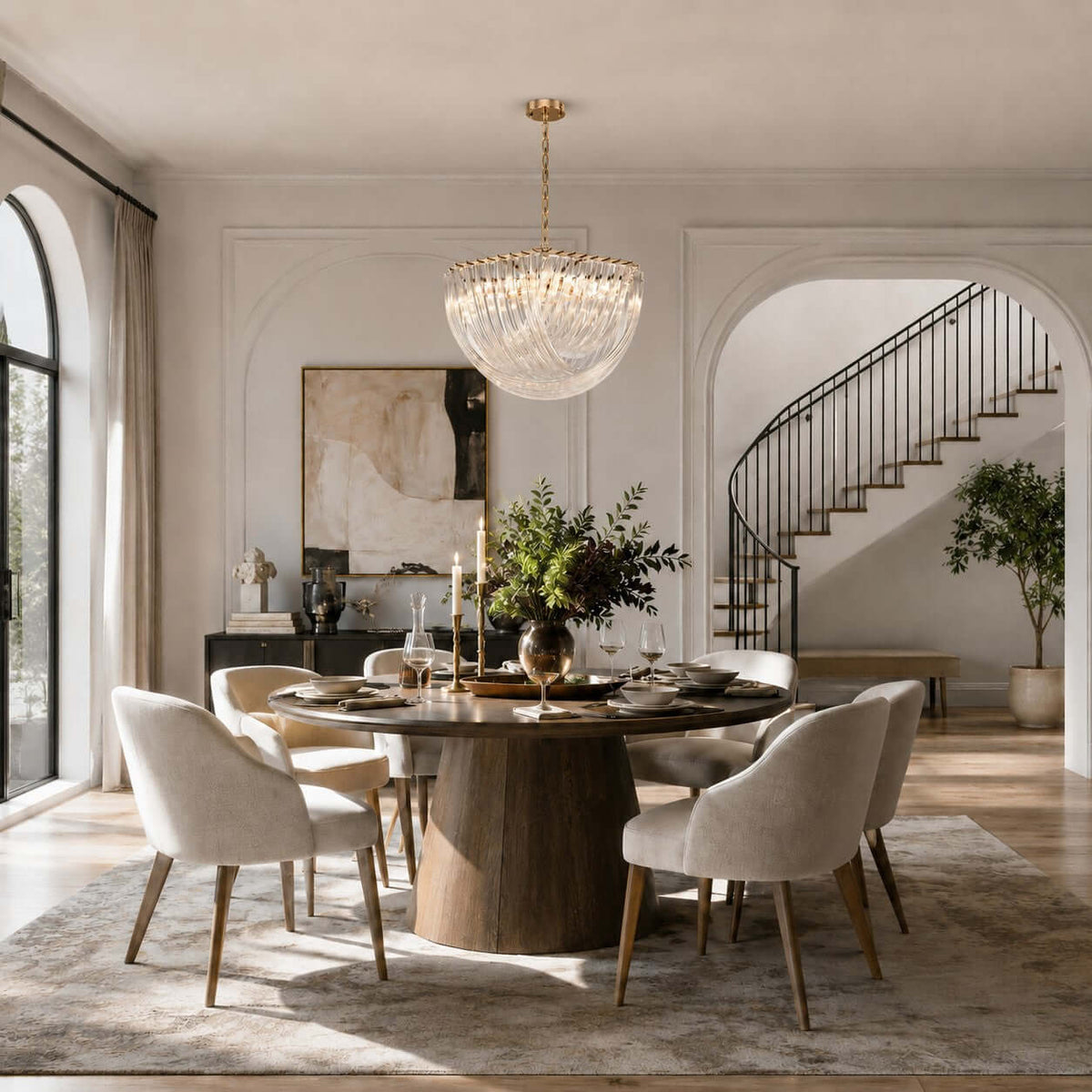 A bowl-shaped Clérachic pendant hangs above a round dining table with soft chairs, with an arched opening and a curved staircase beyond.