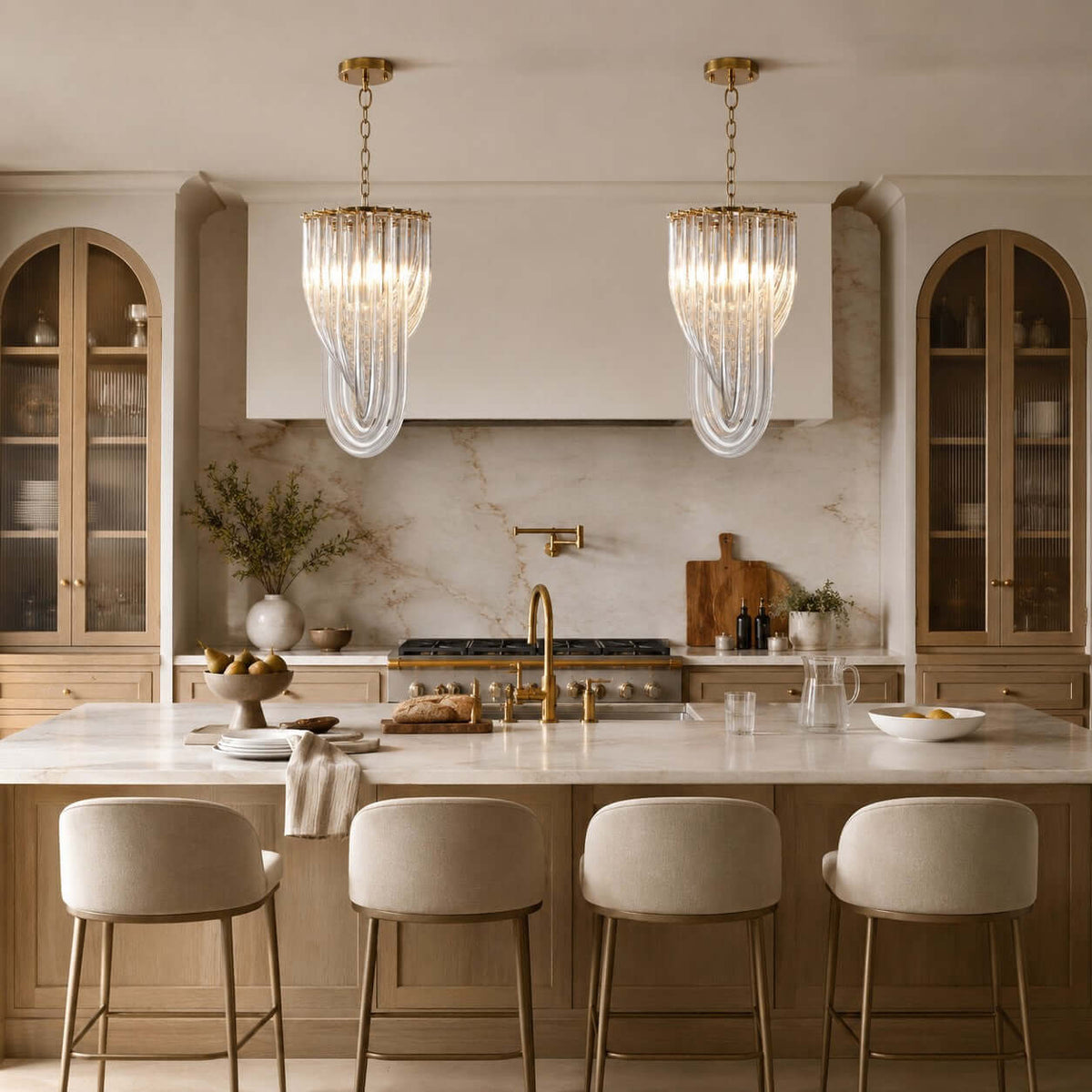 Two narrow glass-rod pendants from Clérachic hang in a kitchen above a marble island with four pale stools, between arched glazed cabinets.