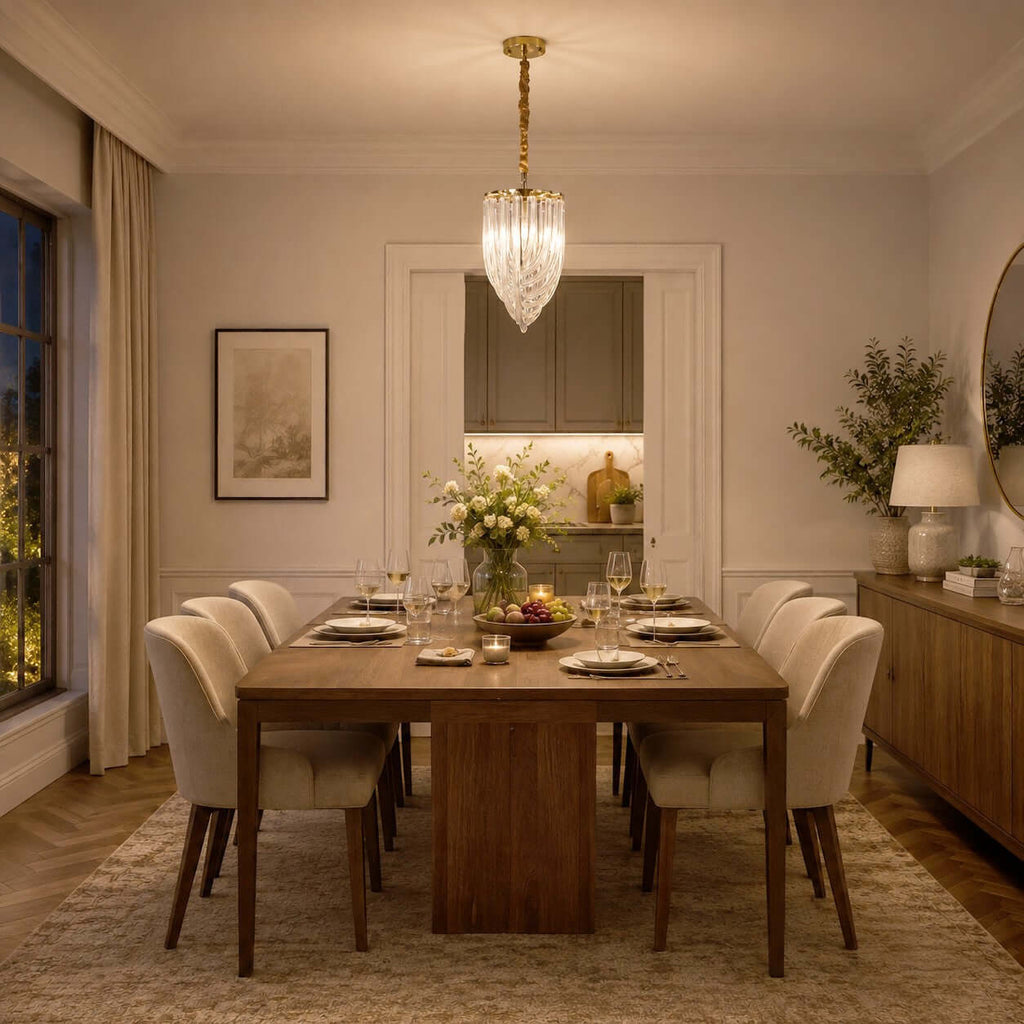 A narrow glass-rod pendant hangs over a long wooden dining table with upholstered chairs in a softly lit room, from Clérachic.