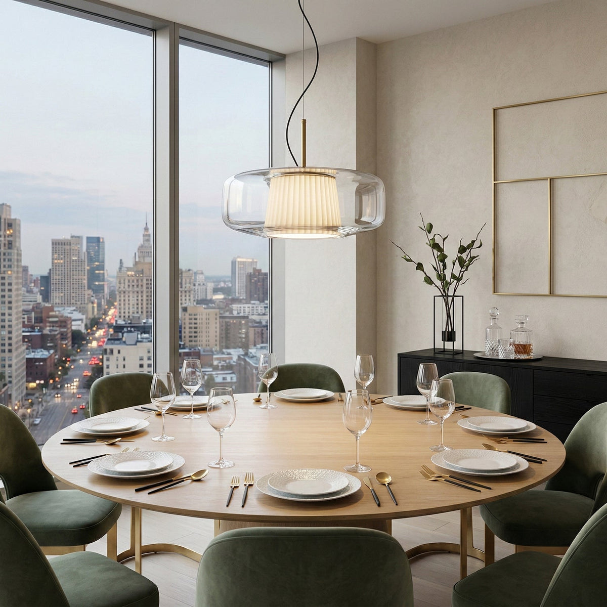 Clear glass Clérachic pendant hanging above a round oak dining table set with plates, glasses and green velvet chairs.
