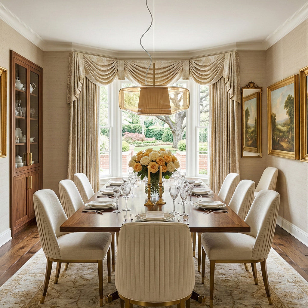 This Clérachic pendant hangs above a long walnut dining table in a formal room, with cream upholstered chairs and draped curtains behind.