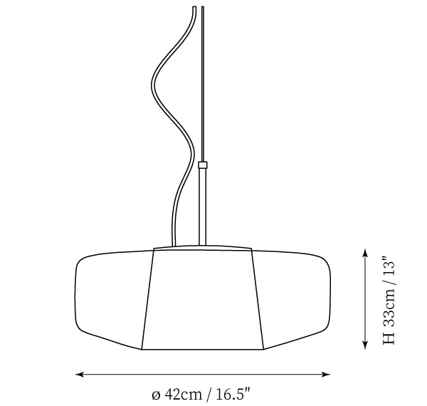 Clérachic pendant light dimension drawing, every measurement marked in centimetres and inches.