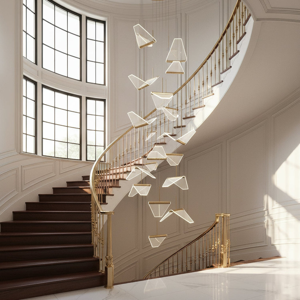 Folded shades of this Clérachic pendant light drift down a curved staircase with a gold-toned rail and tall arched windows.