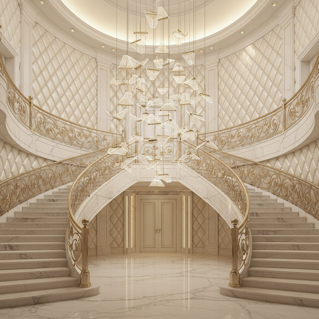 A large cluster of folded shades from this Clérachic pendant light hangs in a grand entrance hall with twin curved stairs.
