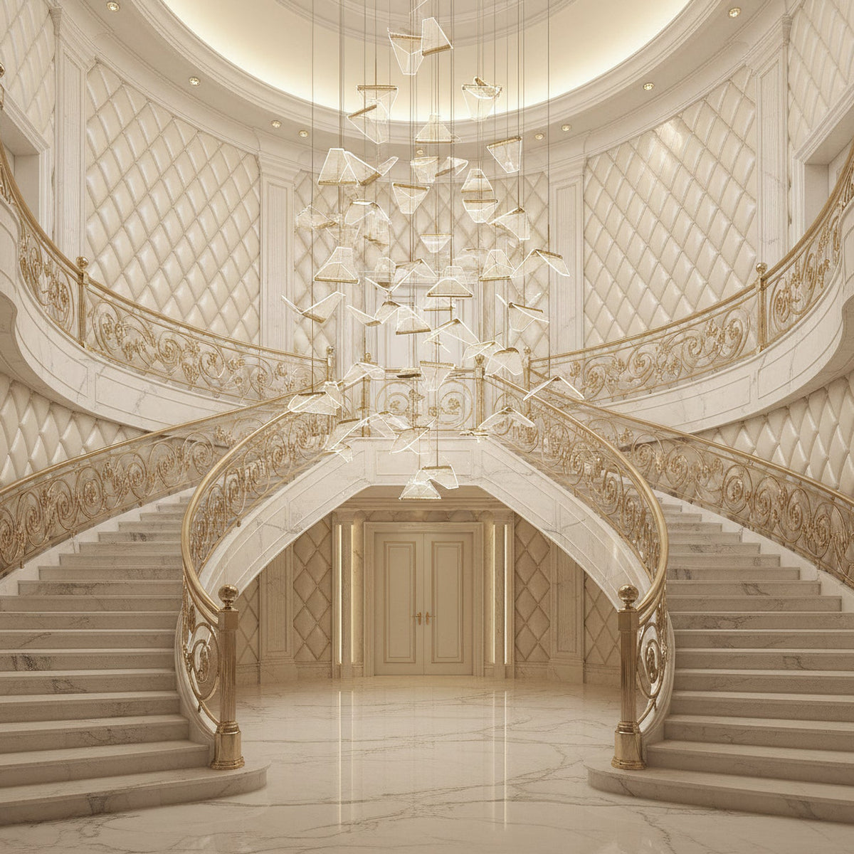 A large cluster of folded shades from this Clérachic pendant light hangs in a grand entrance hall with twin curved stairs.