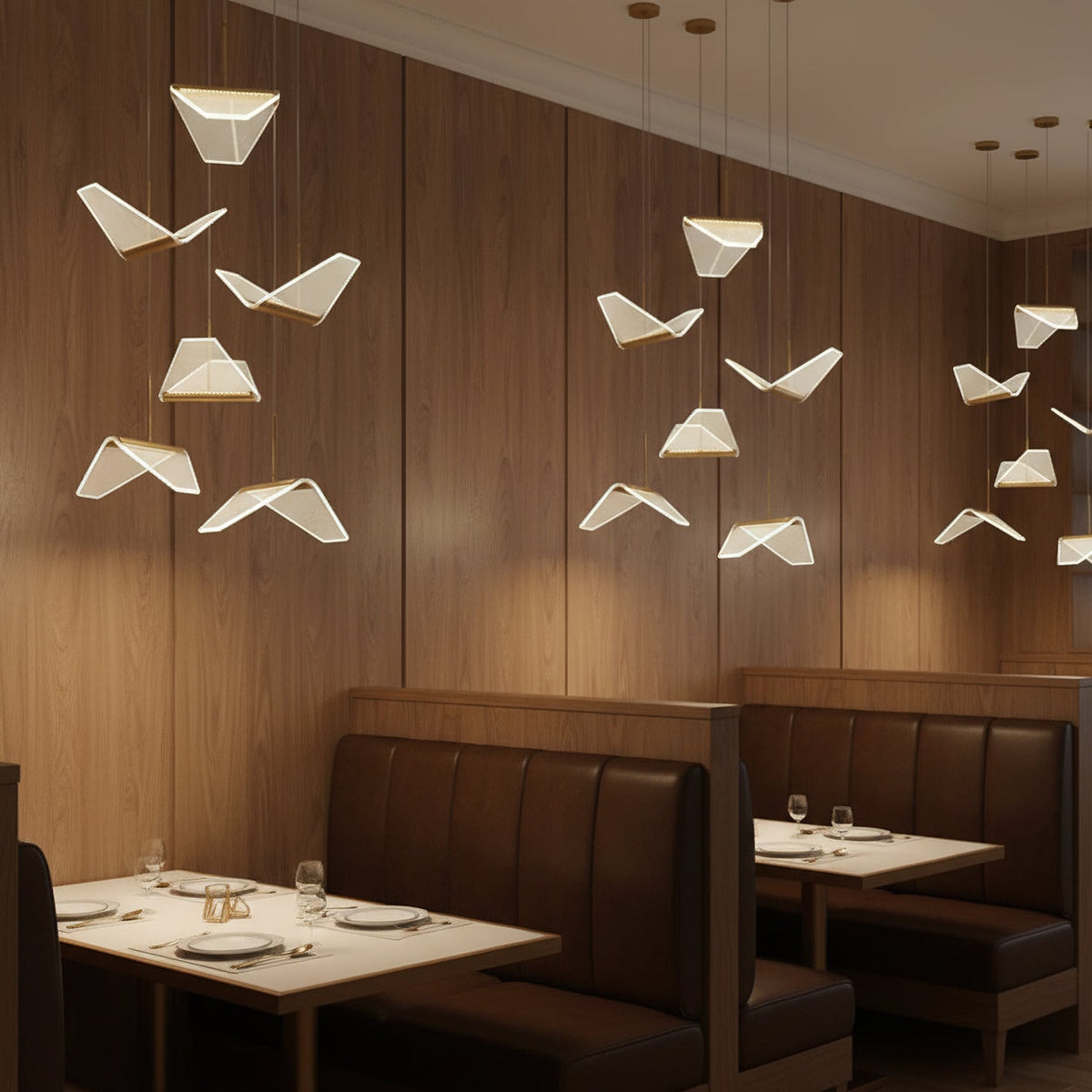 A group of folded shades from this Clérachic pendant light hangs against warm timber panelling above restaurant booths.