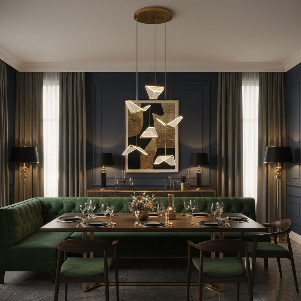 Folded shades from this Clérachic pendant light hang over a dining table with a green banquette, against a deep navy wall.