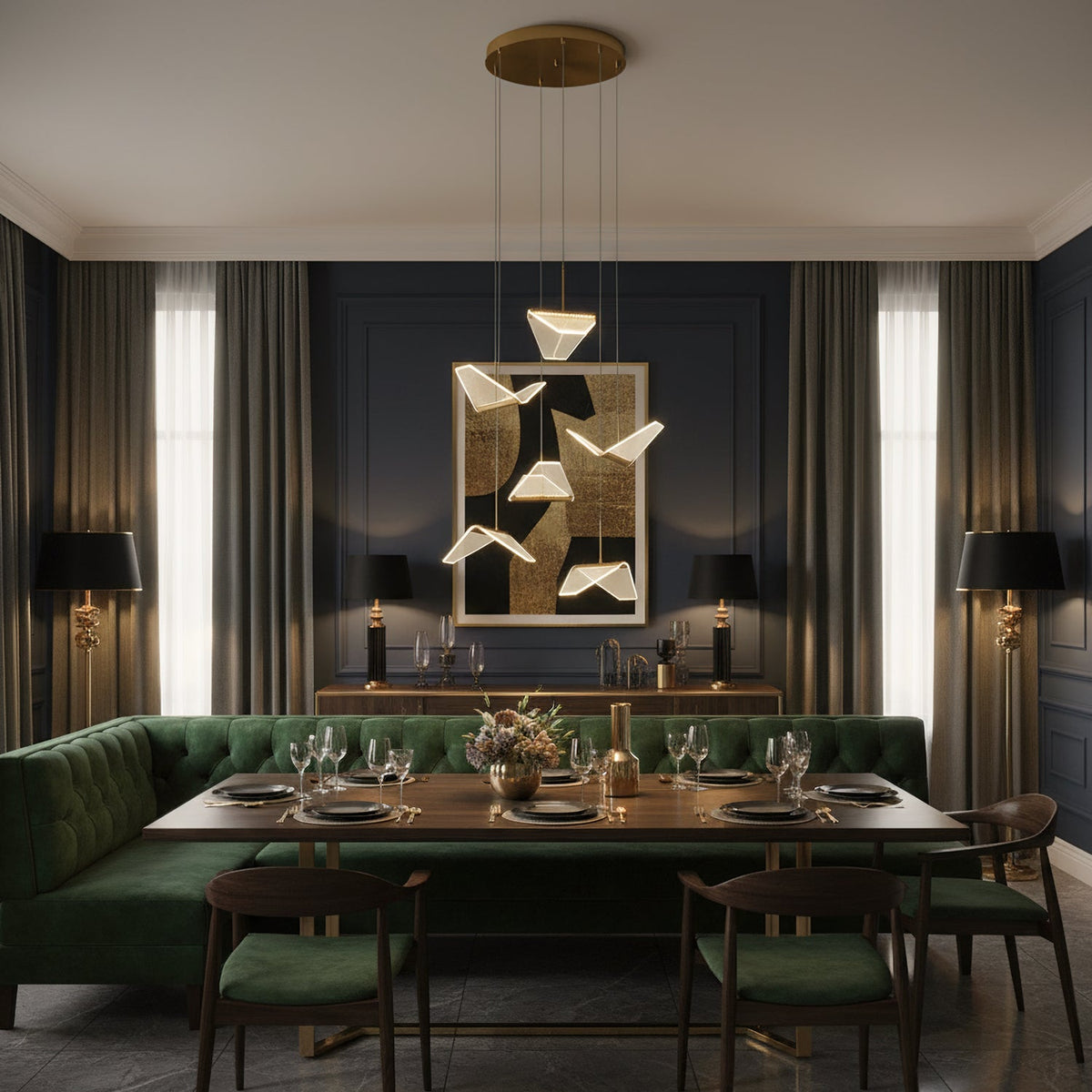 Folded shades from this Clérachic pendant light hang over a dining table with a green banquette, against a deep navy wall.