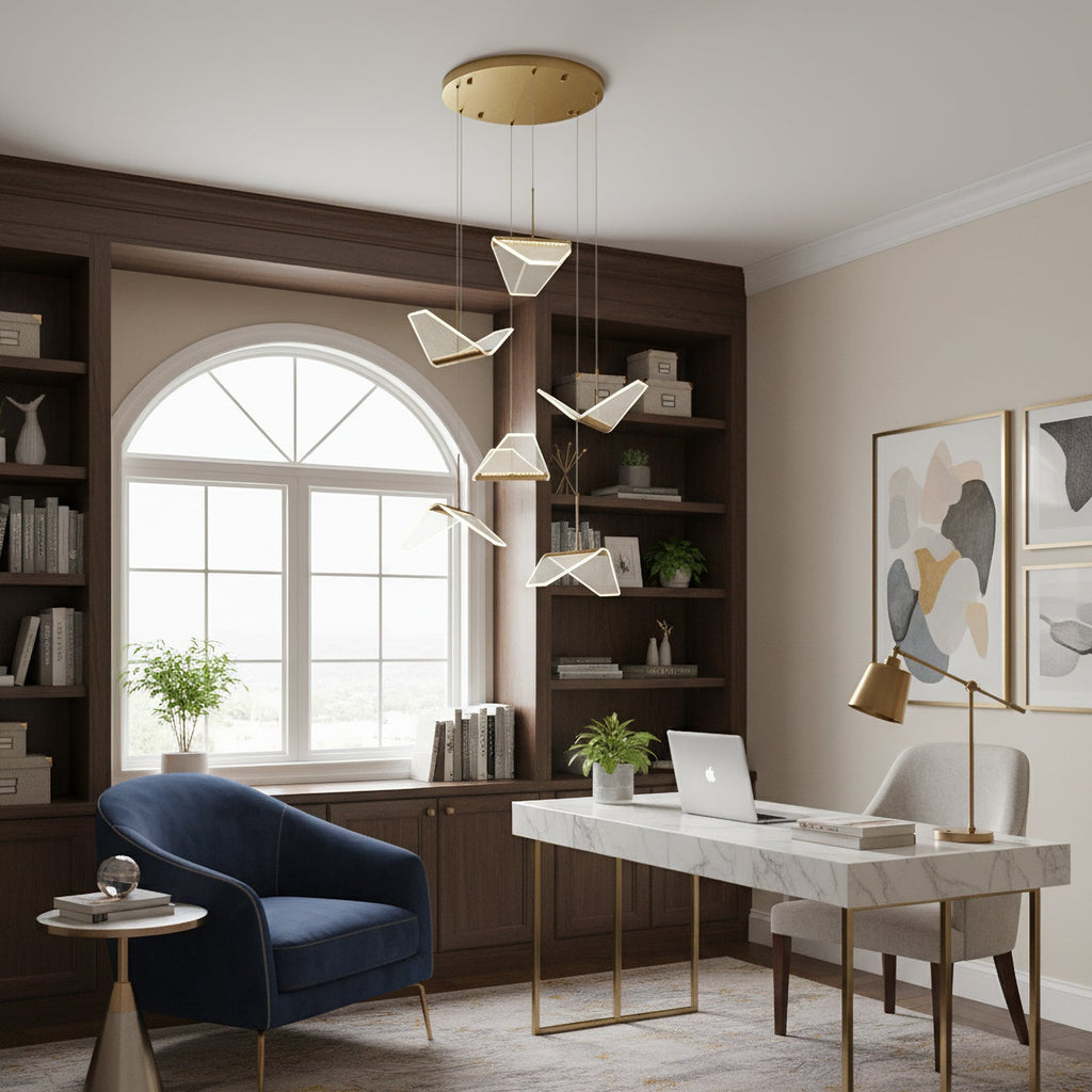 A Clérachic pendant light hangs folded shades in a study with an arched window, dark shelving and a marble-topped desk.