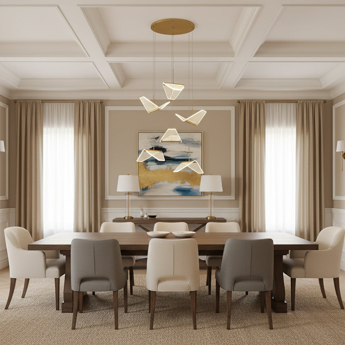Folded shades from this Clérachic pendant light hang above a long dining table in a coffered-ceiling room with beige curtains.