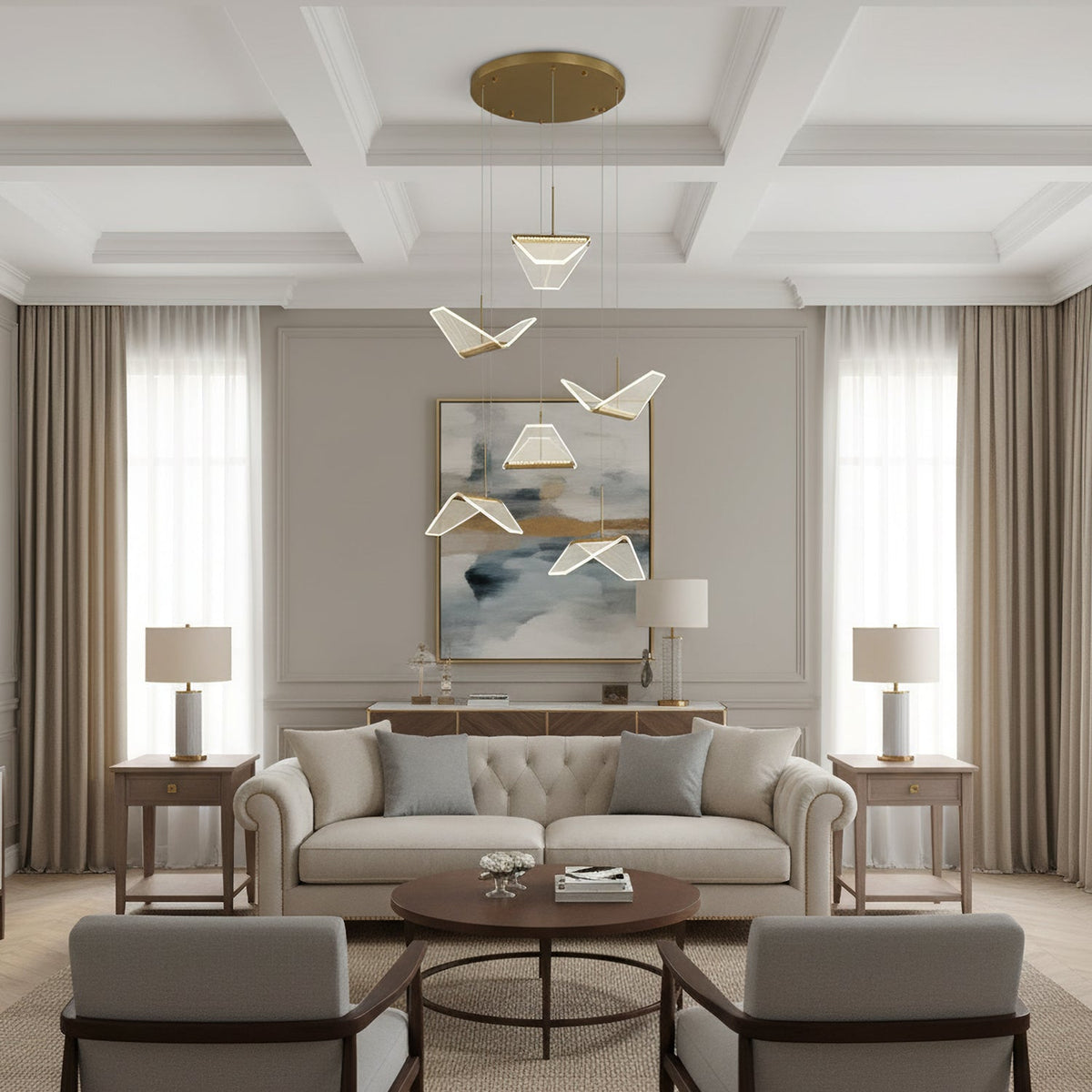 In a coffered-ceiling sitting room, this Clérachic pendant light hangs folded shades above a cream sofa and a round table.