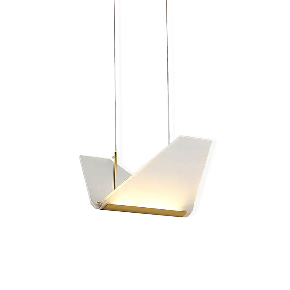 Side view on white of a single folded shade on this Clérachic pendant light, hung from two fine cords with a gold base.