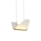 Side view on white of a single folded shade on this Clérachic pendant light, hung from two fine cords with a gold base.