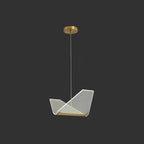 On a dark backdrop, this Clérachic pendant light shows a single folded clear shade hanging from a round gold ceiling plate.