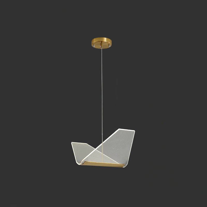 On a dark backdrop, this Clérachic pendant light shows a single folded clear shade hanging from a round gold ceiling plate.