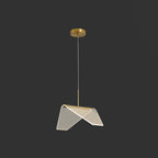 Seen slightly from the side on a dark backdrop, a folded clear shade of this Clérachic pendant light with its gold underside.