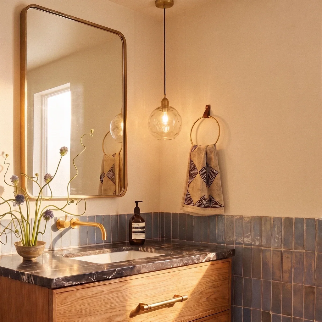 Clérachic gold pendant light with a clear blown glass globe hanging beside a mirror in a tiled bathroom vanity.