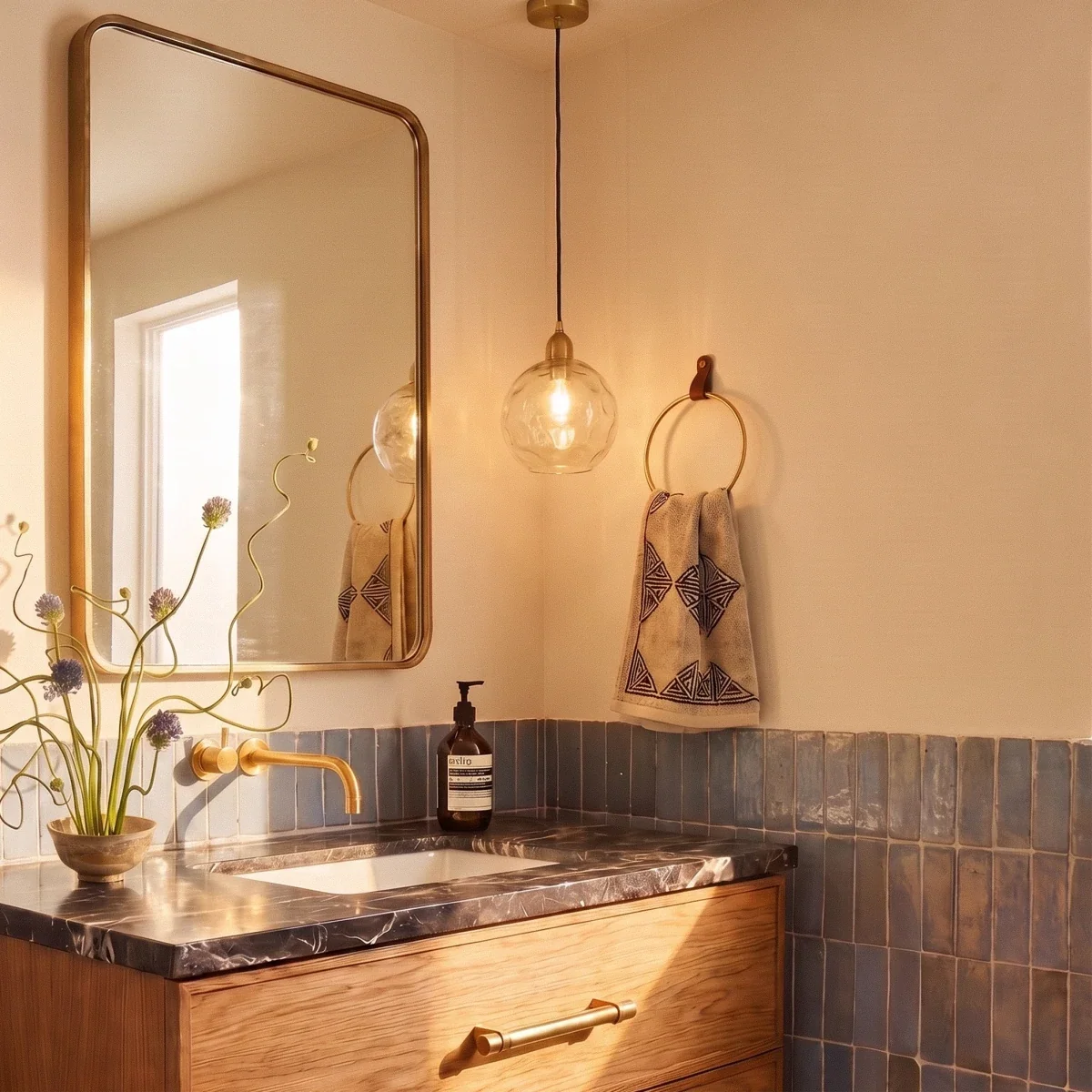 Clérachic gold pendant light with a clear blown glass globe hanging beside a mirror in a tiled bathroom vanity.
