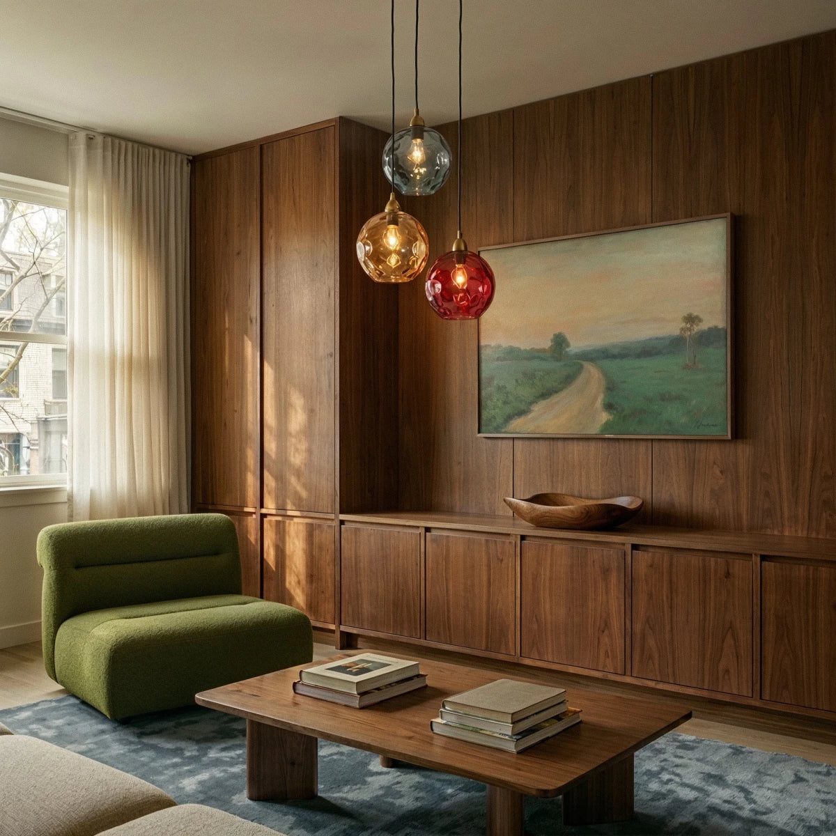 Clérachic gold pendant cluster with blue, amber and red blown glass globes hanging above a walnut console and framed artwork.