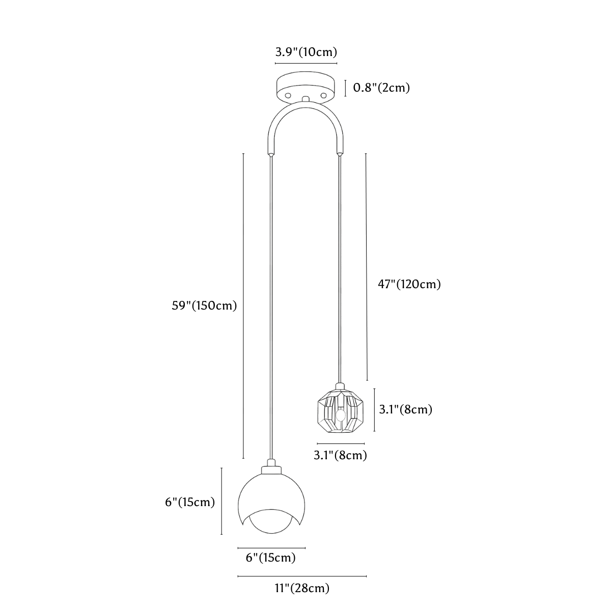 Clérachic pendant light dimension drawing, Drawing, every measurement marked in centimetres and inches.