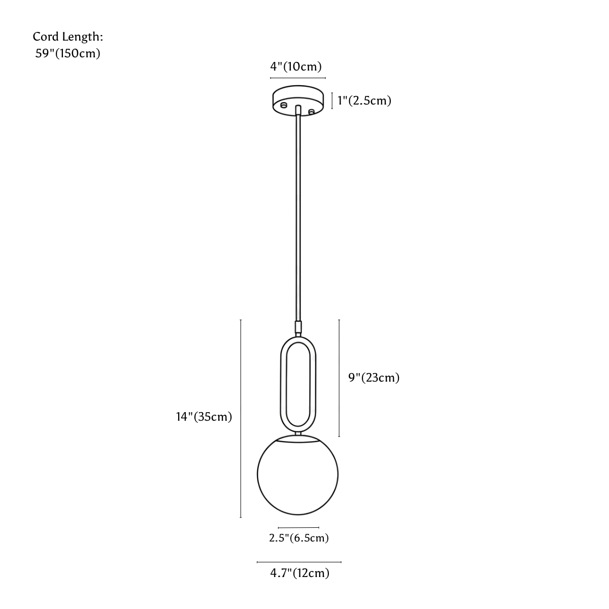 Clérachic pendant light dimension drawing, 1, every measurement marked in centimetres and inches.