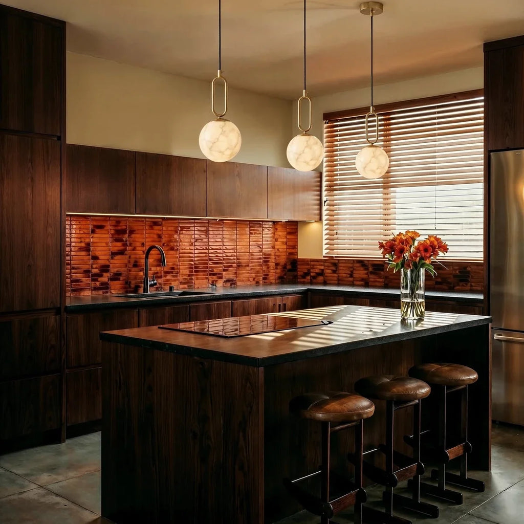 Clérachic gold alabaster pendant lights, three hung above a kitchen island with a terracotta tile backsplash.