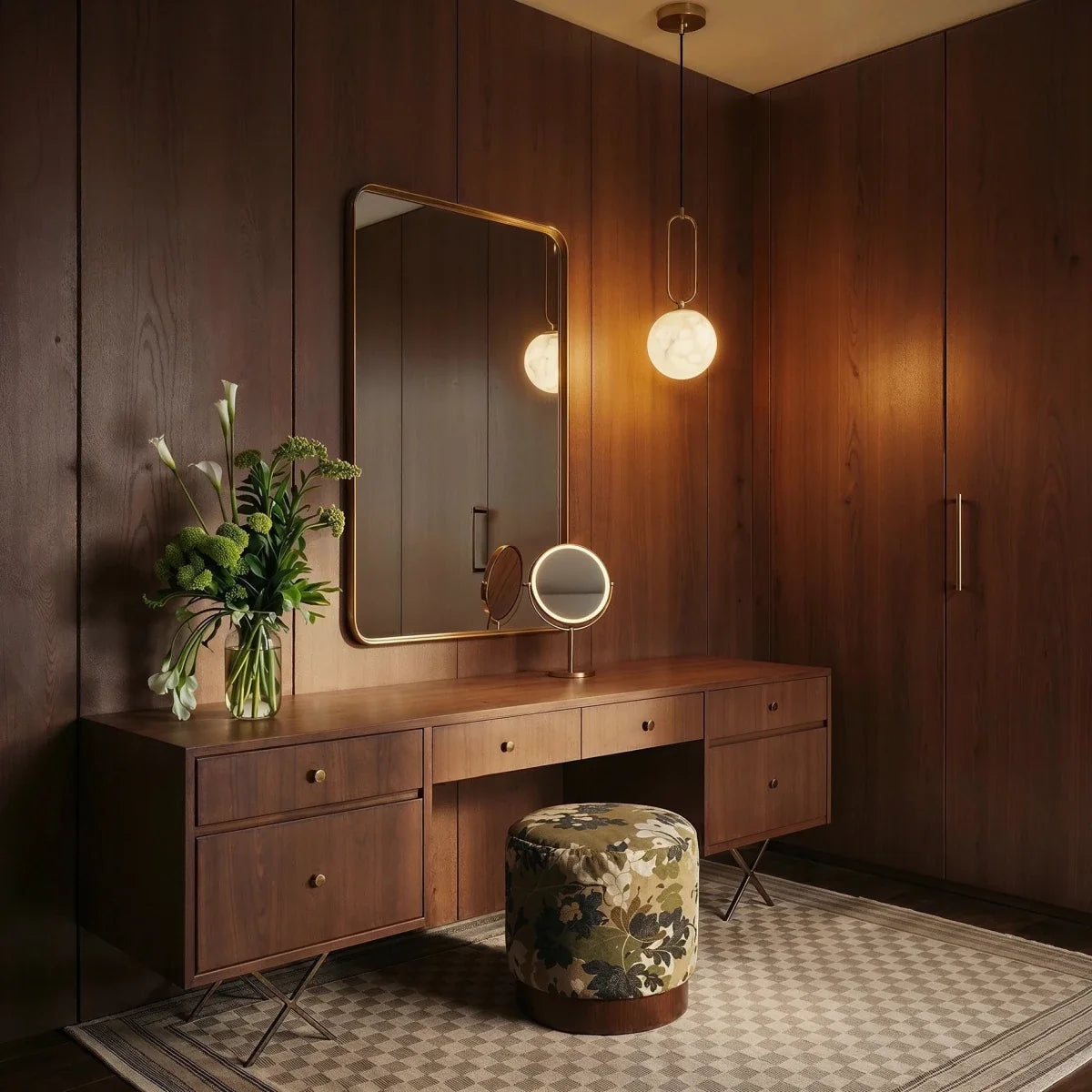 Clérachic gold alabaster pendant light glowing beside a mirrored vanity in a wood-panelled dressing room.