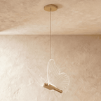 Clérachic brass butterfly pendant light with clear ribbed wings, hanging from a slim cord against a plaster ceiling.